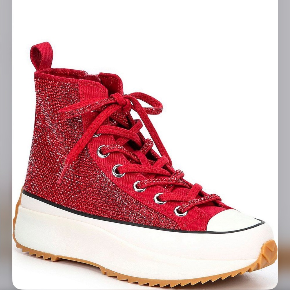 Red Shaft Rhinestone Embellished High Top Platform Sneakers